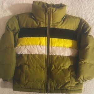 Kids Olive Green Puffer Jacket with Yellow Stripe
